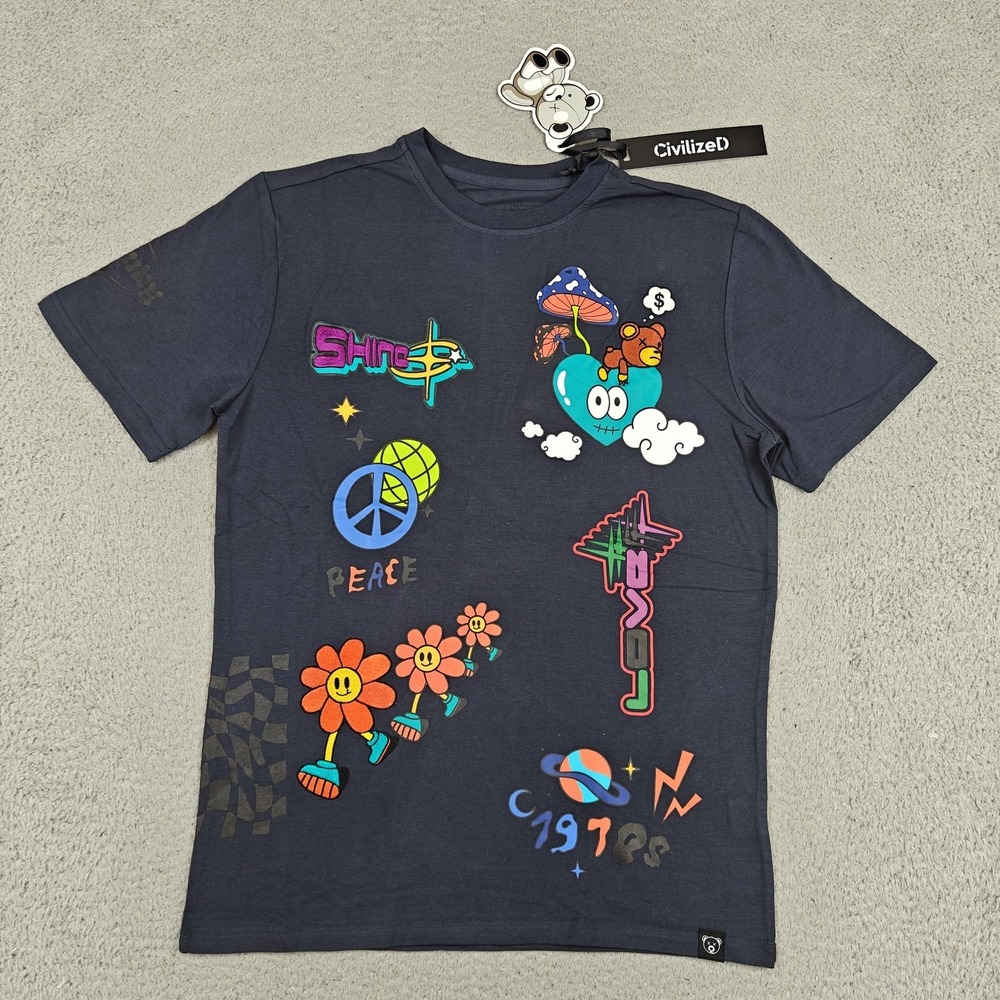 CivilizeD Shirt Mens Medium Gray Love Peace Flowers Graphic Embroidered Tee New‎